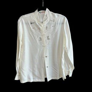 Vintage Peacock Hand Embroidered Cut Out 100% Silk Blouse Size 40